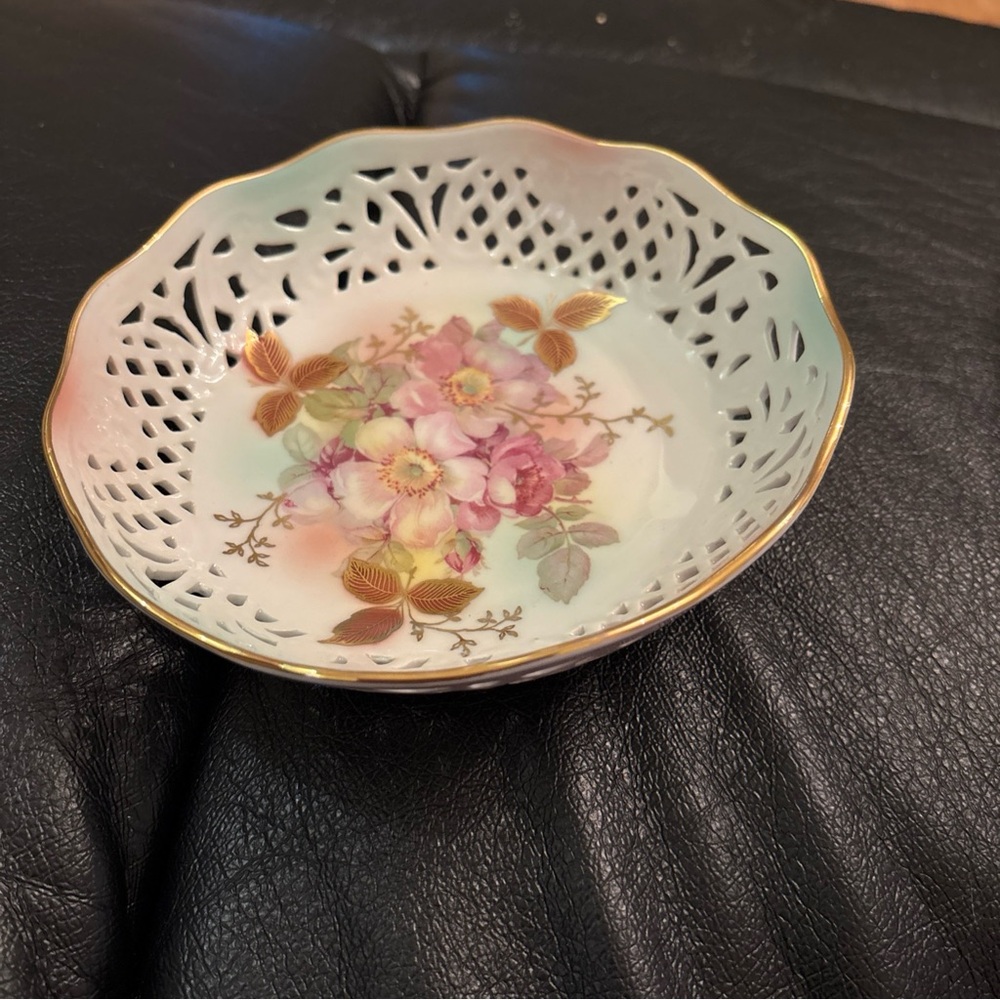 Vtg. Schumann Reticulated Candy Dish Bowl Floral Gold Trim Arzberg Germany